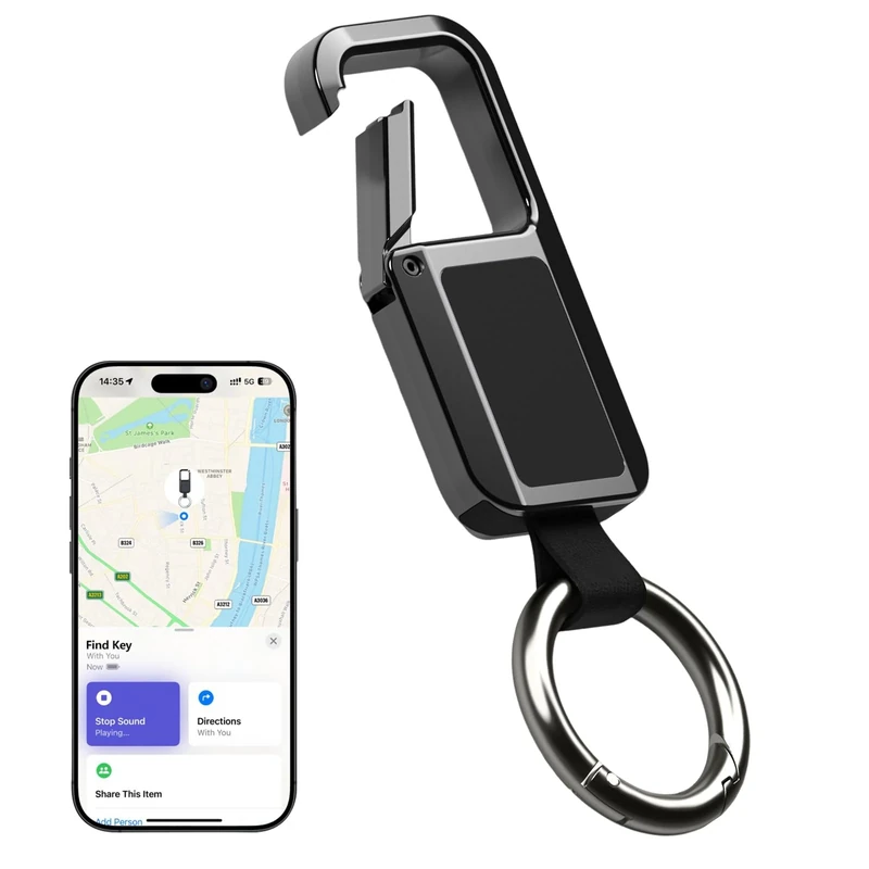Lmrbelec Keychain Tracker Tag, Works with Apple Find My (iOS Only), Heavy Duty Car Key Chain Keychain Accessories for Men, llaveros para Hombres Carabiner Keychain Anti-Lost Key Finder, Black