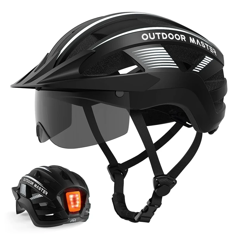 OutdoorMaster Helmets for Adults - Mountain & Road Bike Helmet with Rechargeable Safety Light, Detachable Goggles and Sun Visor - Easy to Adjust, Breathable, Lightweight - Matte Onyx Black, Large