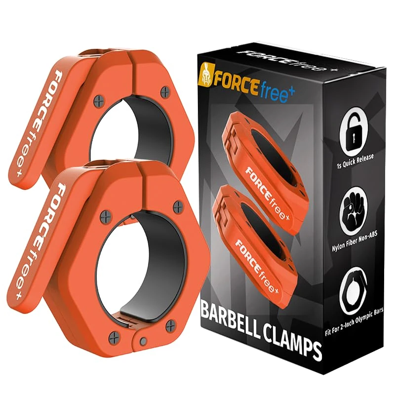 Forcefree+ Barbell Clips (Pair), Barbell Clamps, Quick Release Olympic Barbell Clamps with Anti Slip TPR Grip, Barbell Collars for Secure Weightlifting & Powerlifting (Non Magnetic, Orange)