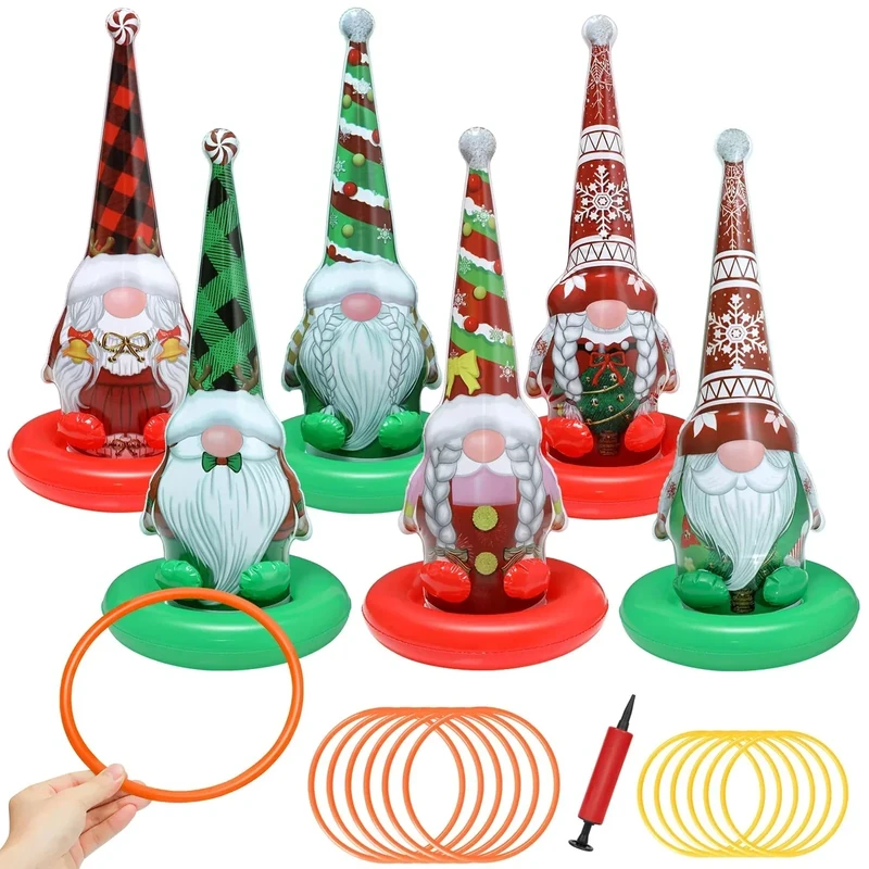 6 Pack Inflatable Christmas Gnome Ring Toss Game,Christmas Party Games for Kids,Adults,Family,Indoor Outdoor Game Garden Toy