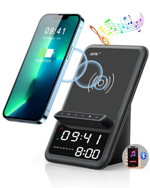 AFK Wireless Charging Station with Bluetooth Speaker and Alarm Clock,Wireless Charger Compatible with iPhone,Android Phones(Black)