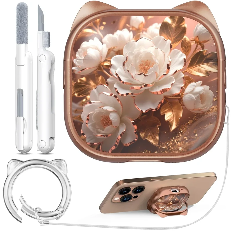 RFUNGUANGO AirPods 4 Case with Phone Stand - Rose Gold & Peony