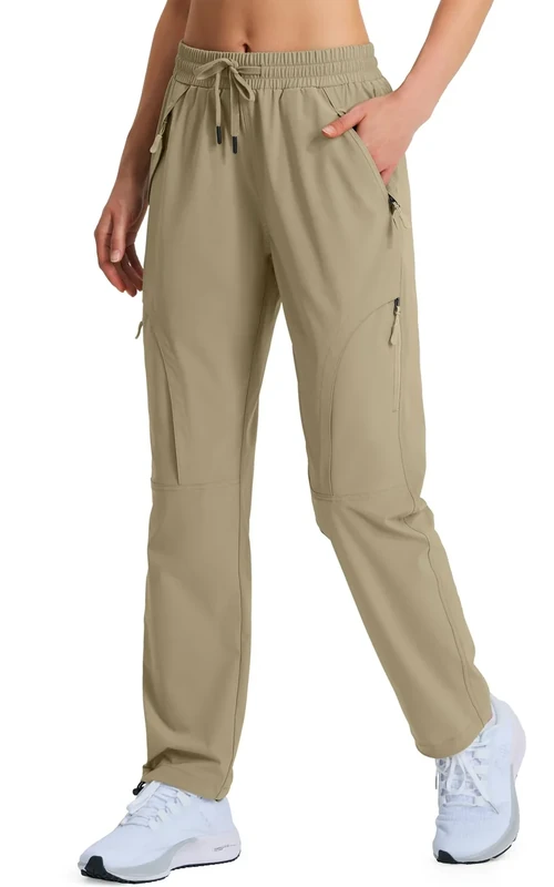 Hugut Women's Hiking Pants Quick Dry Lightweight Cargo Pants UPF 50 Water Resistant Zipper Pockets for Golf Travel Work Camping Dark Khaki