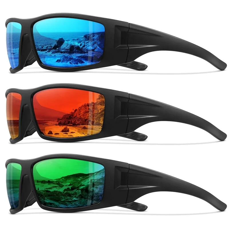 Ofwin Polarized Sports Sunglasses for Men Women Unbreakable Frame Cycling Fishing Wrap Around Sunglasses UV400 Protection 3Pack-Red+Blue+Green