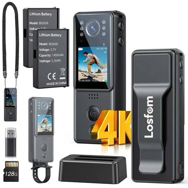 Losfom 4K Body Camera with Audio and Video Recording, Dual Batteries Z13 Mini Small Body Cam, with Charging Dock&6 IR Night Vision, Wearable Camera for Vlog, Personal Protection, Security