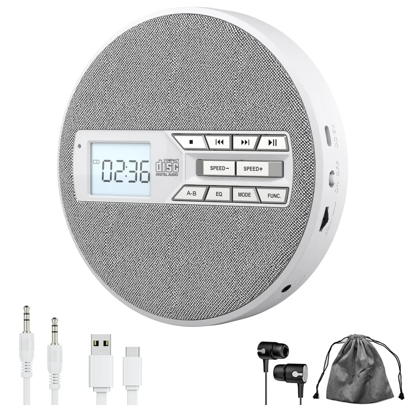 M-Amazup CD Player Portable, Rechargeable Portable CD Player with Dual Speakers and Anti Skip,CD,USB,AUX,LCD Display,Sensitive Button,5 EQ,A-B Repeat,10 Speeds for Home Car Fabric White
