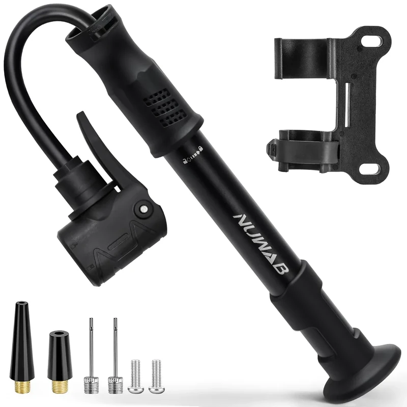NUWAB Mini Bike Pump with Gauge, 10 Inch Portable Hand Bicycle Pump, 100PSI, Support Shrader and Presta, Fast Air Out Ball Pump, Work with All Bikes and Balls, Swimming Ring