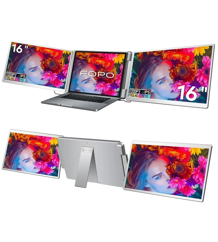 FOPO Laptop Screen Extender 16"- 1200P 16:10 FHD Triple Monitor for 12~18.5", Portable Monitor for Laptop with HDMI and USB-C Connectivity for MacBooks(NOT M1 M2 M3)/Wins, Chrome, Surface