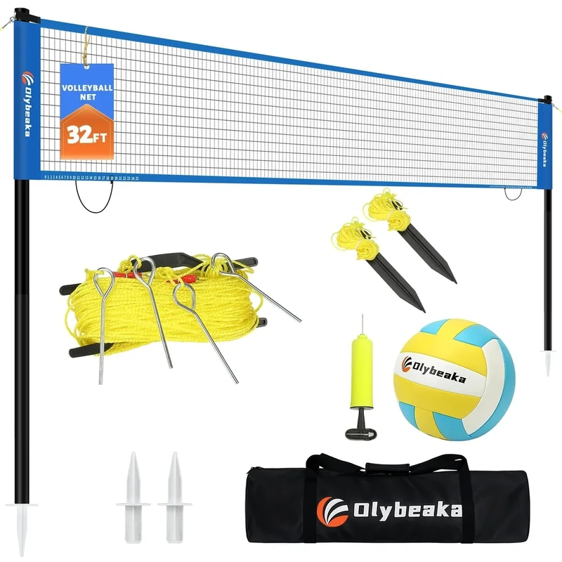 Portable Outdoor Volleyball Net Set for Backyard Beach with Adjustable Poles, Soft PU Volleyball & Pump, Carry Bag and Durable Anti-Sagging Net (Blue, 32ft)