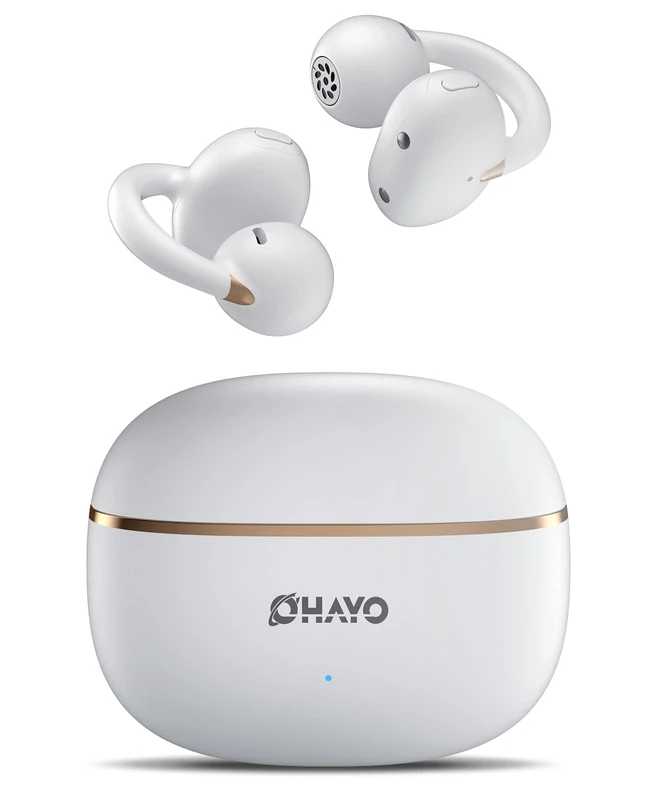 OHAYO A7 Clip-On Open Ear Headphones: 6.5H Playtime, 4.7g Ultra-Light - Bluetooth 5.4, 12mm Dual Drivers, IPX6 Sweatproof, Light White