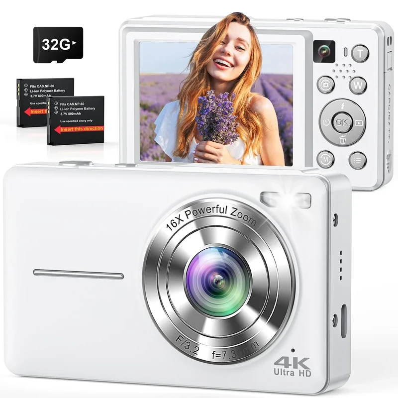 CAMKORY 4K 64MP Dual Lens Point & Shoot Camera - 16X Zoom, 32GB Card