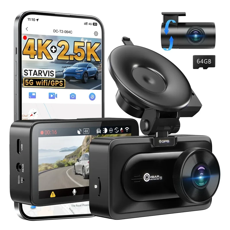 OMBAR Dual Dash Cam - 4K/2.5K, 64GB, WiFi GPS, HDR, 24H Parking