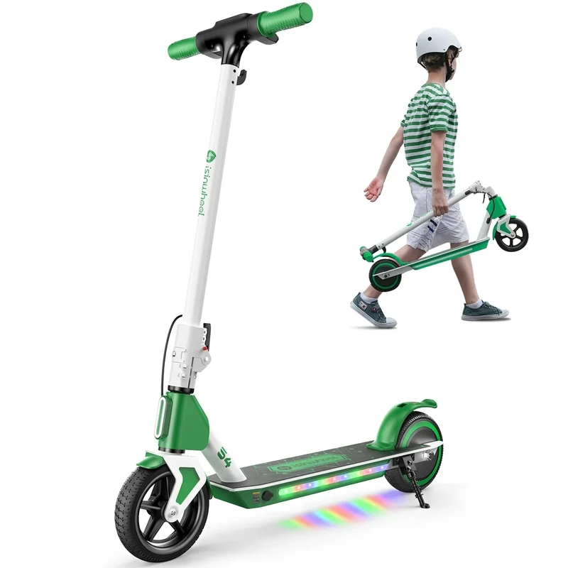 isinwheel S4 Electric Scooter for Kids Ages 6-14, 200W Foldable Kids Electric Scooter with 3 Speeds (5/8/12 Mph), LED Display, Colorful Lights, Gift for Kid