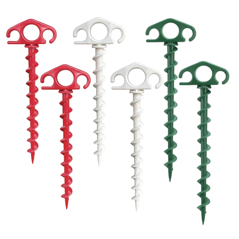 COBARYEN Plastic Inflatable Stakes, Tent Stake 6 Pack Sand Stakes for Beach 9.4 Inch Heavy Duty Spiral Yard Stakes for Camping, Party and Outdoor Halloween Christmas Decorations (6, Red+Green+White)