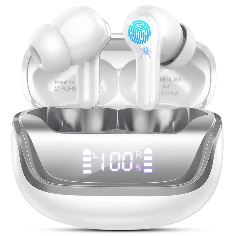 Wireless Earbuds, Bluetooth 5.4 Headphones Deep Bass Stereo, in-Ear Earphones with 4 ENC Mics, 40H Playtime LED Display Mini Charging Case Ear Buds, IP7 Waterproof Wireless Headphones for Android iOS