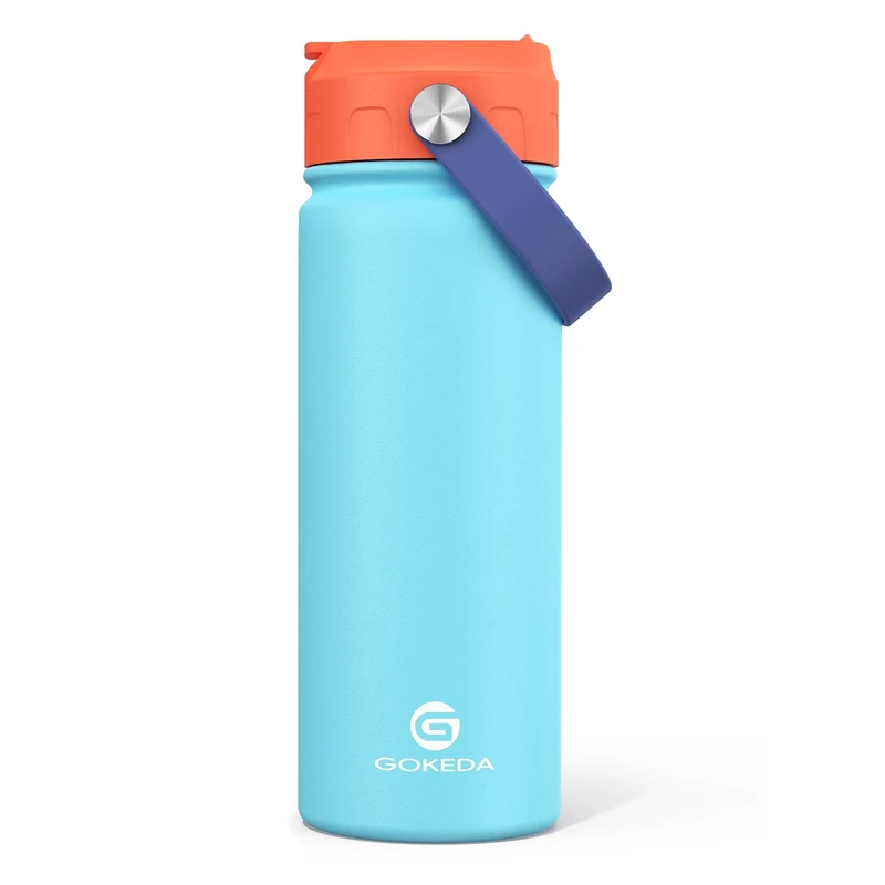 18oz Kids Water Bottle, Insulated Water Bottles with Stickers, 18/8 Stainless Steel Vacuum Leak Proof Straw Cup for School, Gifts for Boys Girls(Orange,Blue)