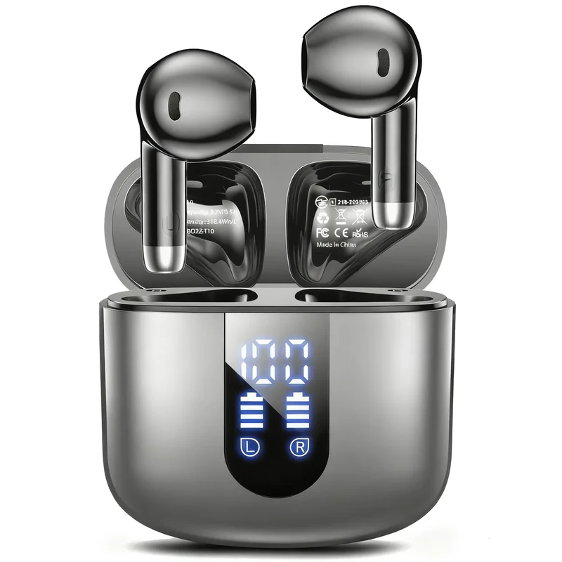 Haqquio Wireless Earbuds, Bluetooth Headphones with Deep Bass Stereo, 48H Playback Ear Buds with LED Power Display, Lightweight, IPX7, in-Ear Earphones with Mic for iPhone/Android/iPad, Grey