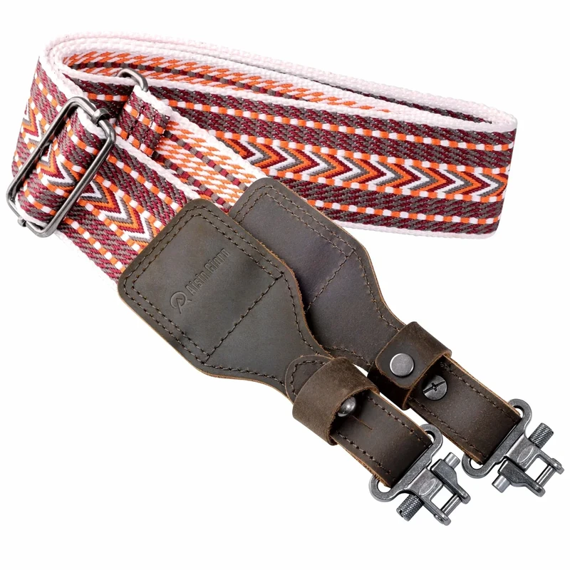 Aisin Gioro Rifles Slings, 2" Wide Weave Cotton Gun Slings with Double Layer Crazy Horse Leather Ends and for Rifles and Shotguns, Equip Gun Sling Swivels(Retro Dark red Weave)