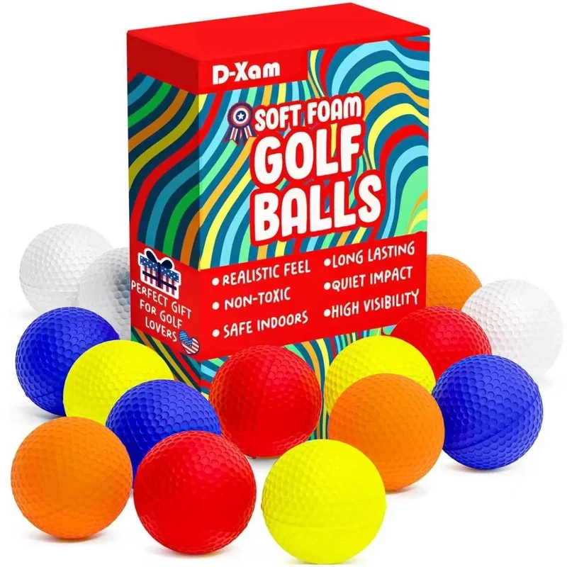 D-Xam Foam Golf Balls Bulk Practice Golf Ball Multicolor 41mm Soft | Long Lasting & Realistic Feel | Limited Flight Use Indoors Outdoors Backyard Training - Golf Accessories