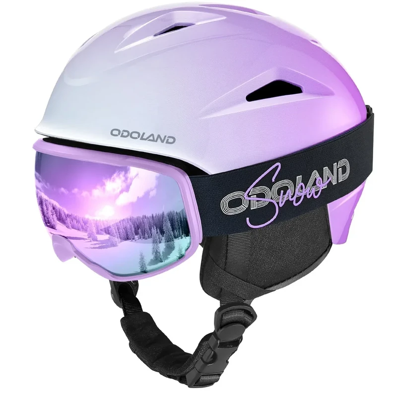 Odoland Snowboard Helmet, Ski Helmet with Ski Goggles for Adults, Durable PC Shell & EPS Foam, Safety Snow Helmets Goggles for Men Women Youth, Gradient Lavender, S