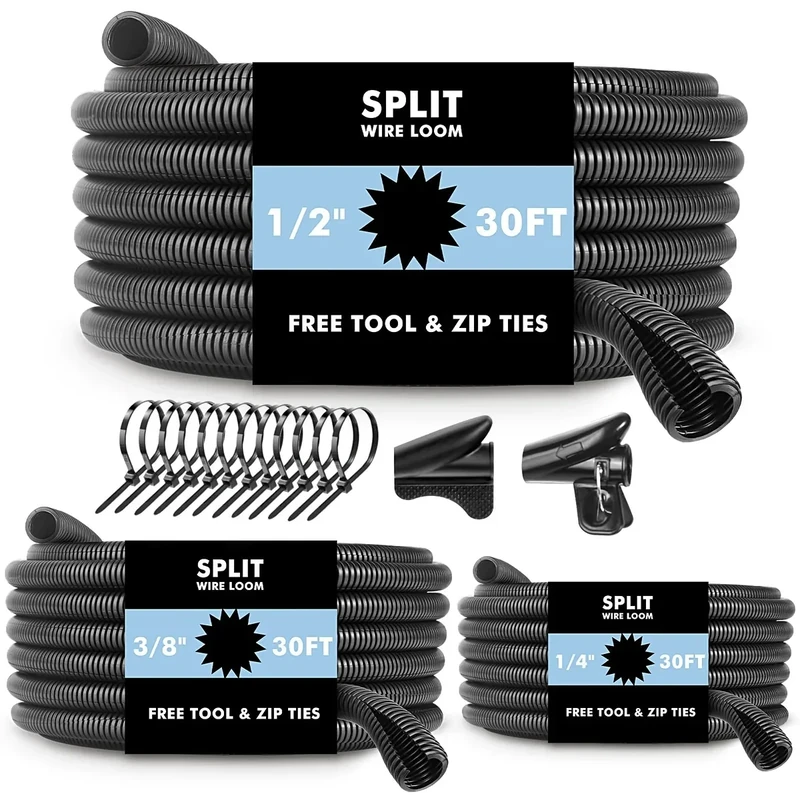 wevsuipo 30ft Split Wire Loom - FR Tubing 1/4, 1/2 & 3/8 Inch
