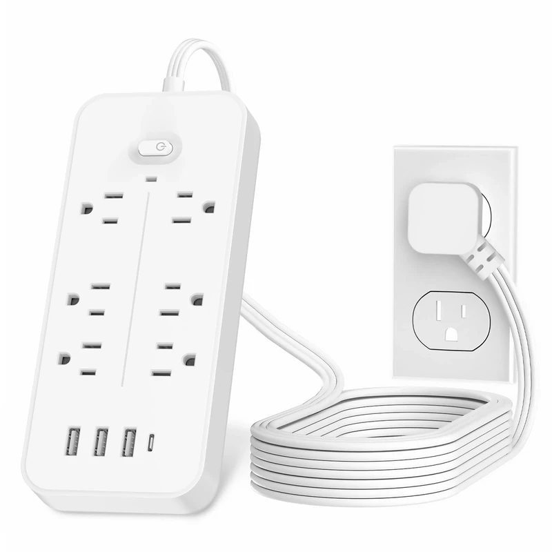 Power Bars with Surge Protector, Flat Plug Exetnsion Cord, Power Strip Outlet Extender with 6 Outlets and 4 USB Ports(1 USB C), Wall Mount for Home Office College Dorm Room Essentials