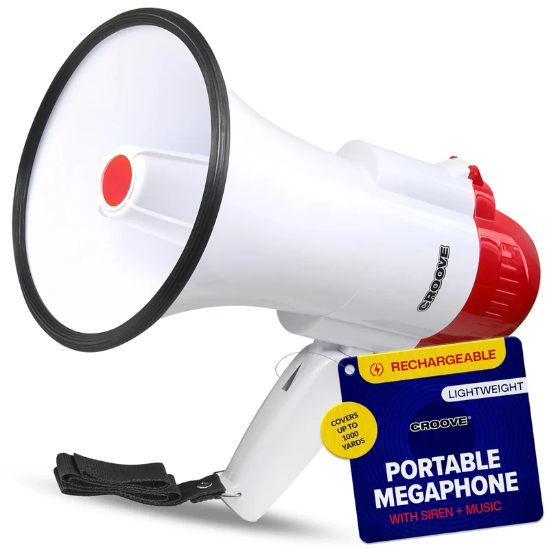 Rechargeable Megaphone Bullhorn Speaker, 1000 Yard Voice Range, Lightweight Mini Blow Horn, Loud Mega Phone With Siren & Music, Bull Horn Noise Makers for Sporting, Camp Counselor, Coach Essentials