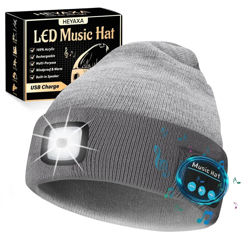 HEYAXA Bluetooth Beanie Hat, USB Rechargeable 4 LED Wireless Music Running Headlamp Cap, Gifts for Christmas, Stocking Stuffer & White Elephant Gifts for Men, Women, Him, Her, Teen Boys, Dad