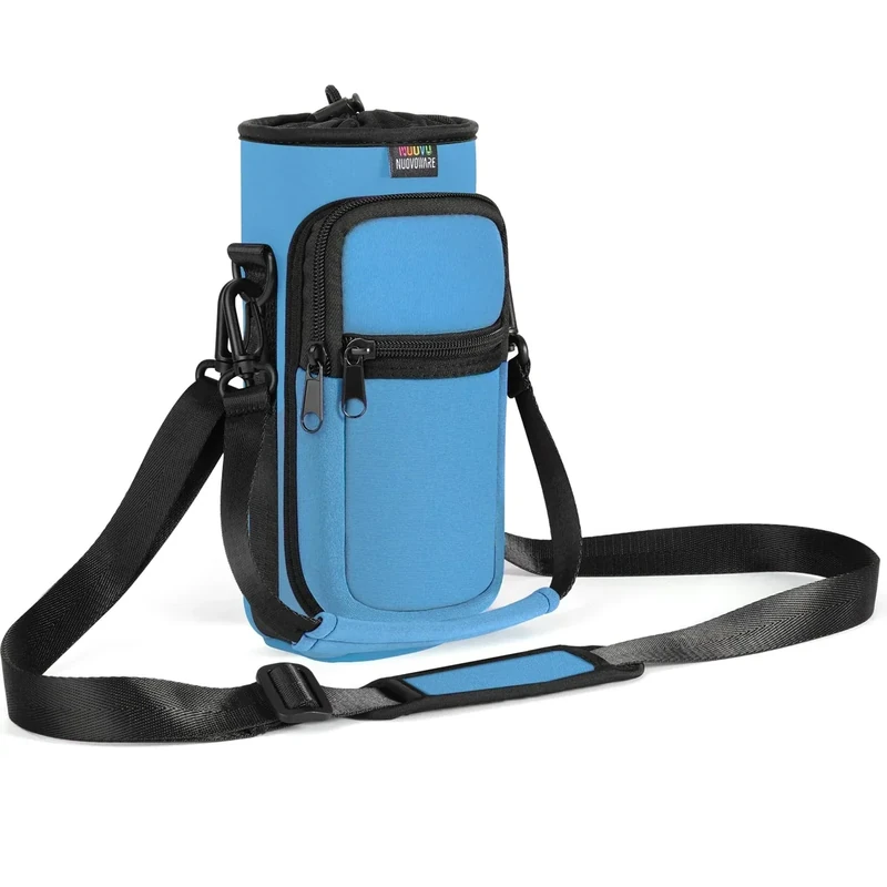 Nuovoware Water Bottle Carrier Bag, 25oz/32oz Bottle Pouch Holder, Adjustable Shoulder Hand Strap 2 Pocket Sling Neoprene Sleeve Sports Accessories for Hiking Travelling Camping, Azure Blue