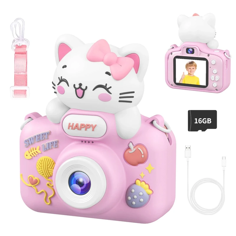 1080P Kids Camera for Girls 3-12, Dual Lens Children Camera Toy with 16GB SD Card, Christmas or Birthday Gift for Girls