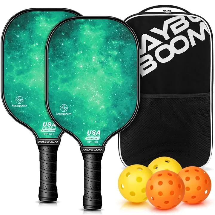Pickleball Paddles Set of 2 or 4, USAPA Approved Pickleball Paddles Set with 4 Pickleball Balls and Pickleball Carry Bag, Fiberglass Pickle Ball Rackets 2 Pack Gifts for Beginners&Pros(Green 2)