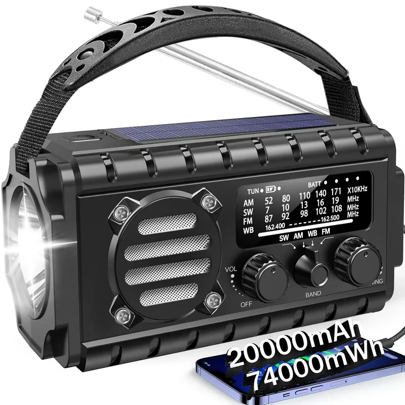 Aivica 20000mah Emergency Radio, SW/NOAA/AM/FM Weather Radio, Solar Powered Hand Crank Chager with Bige Batery Powered,Portable,Cellphone Charge,SOS,Flashlight for Emergency/Home (Black)