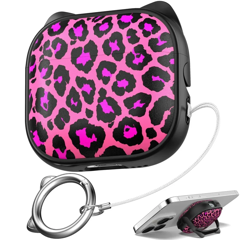 MHYALUDO for AirPods 4 Case with Cleaning Kit, Cute Cat Ear Print Design & Cute Buckle, Inverted Phone Holder Design, Top Safe Lock Buckle Design, for Girls AirPods 4 case 2024, Rose Leopard