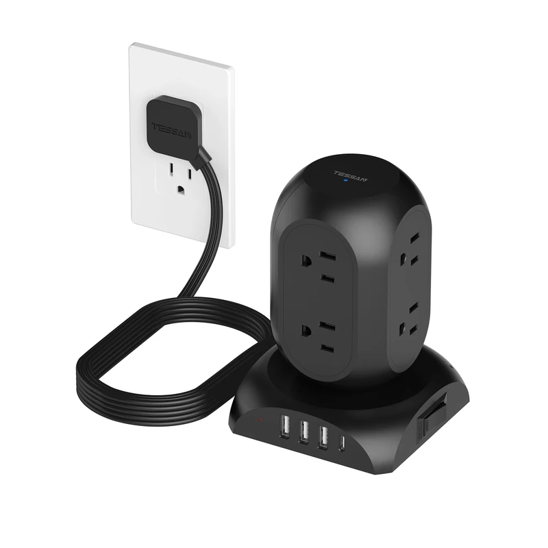Black Surge Protector Power Strip Tower, TESSAN Flat Plug Extension Cord 10Ft with 8 AC Outlets 4 USB Ports (1 USB C), 1050J Protection Charging Station for Home, Office, Dorm Room Essentials