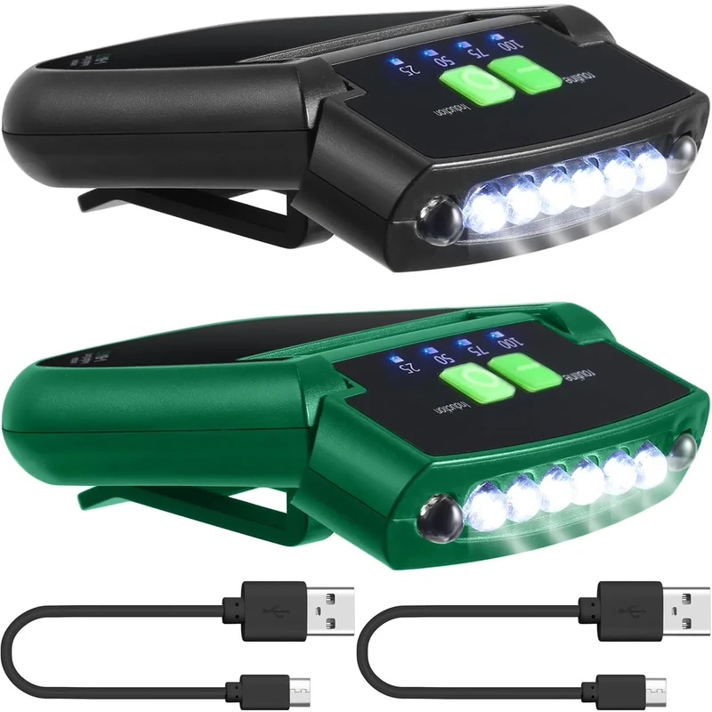 Mudder 2 Pieces LED Clip on Cap Lights USB Rechargeable Cap Flashlight Clip Waterproof Bright Hat Flashlight Headlamp for Fishing Camping Hand Work (Black,Green)