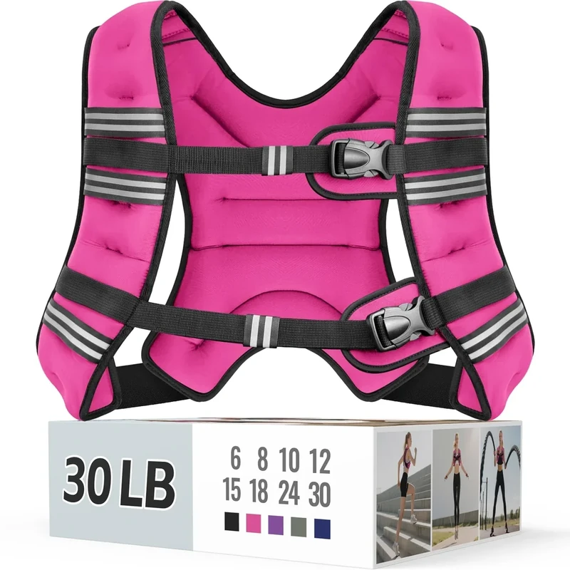 Zeerun Weighted Vest for Women & Men with Reflective Stripe and Adjustable Buckle, Comfortable & Durable Rucking Vest for Walking, Running & Strength Training, 30LBS-Pink