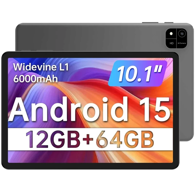 JUNINKE 2025 Android 15 Tablet, 10.1" IPS HD Display, 12GB+64GB, 2TB Expandable, 6000mAh Battery, Octa-Core Unisoc T606, Dual Cam GPS WiFi, for Student Business Home Entertainment (Black Caser)