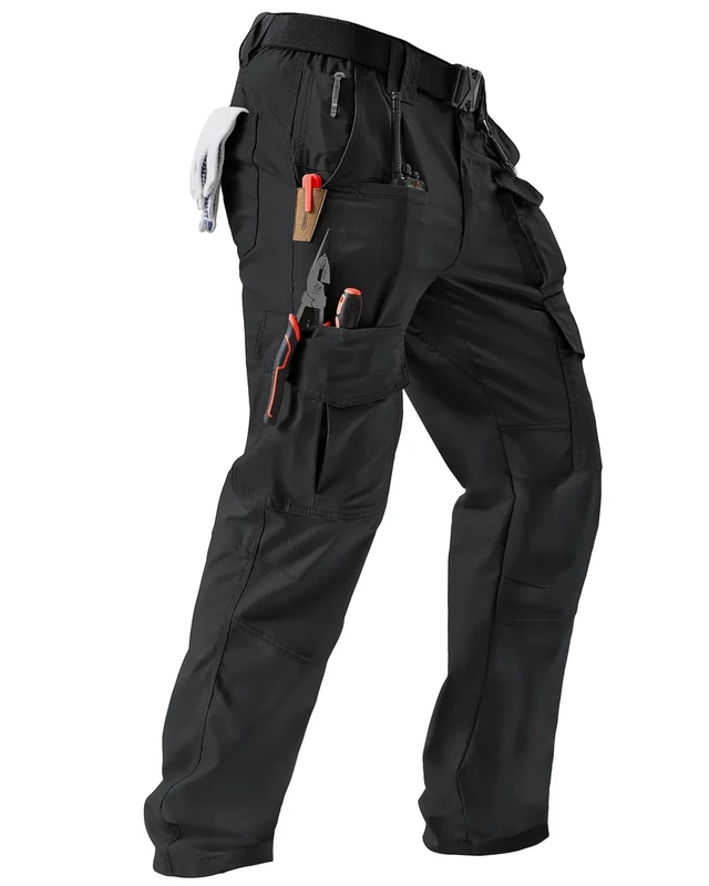 IGOLUMON Men's Stretch Tactical Pants, Ripstop Cargo Pants Outdoor Lightweight EDC Hiking Work Pants with 10 Pockets, Black