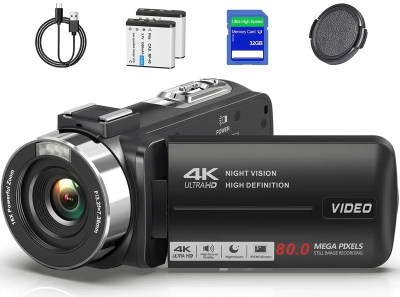 Suttie 4K Camcorder - 18X Zoom, 3" 270 Screen, 32GB Card, 2 Batteries