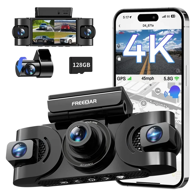 FREEXAR 4K 360° Dash Cam, 4-Channel Dash Camera for Cars, Full Coverage Front Rear Left Right Inside with GPS, 5.8GHz Wi-Fi & App, Night Vision, Voice Control, 24H Parking Mode, 128GB Card Included
