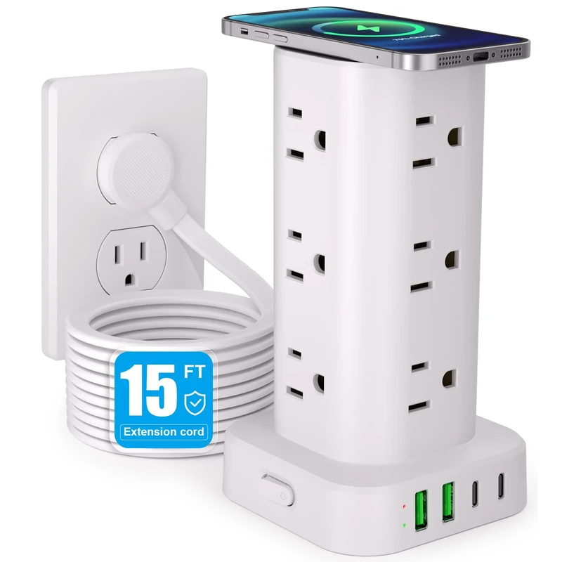 UWIWUTEI 17-in-1 Strip Tower - 12 AC Outlets, 4 USB, Wireless Charger