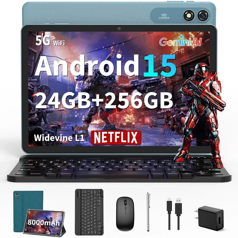 Tablet with Keyboard - 24GB RAM+256GB ROM(2TB Expand), Android 15 Tablet with Octa Core, 5G/2.4G WiFi, 8000mAh, BT V5.0, with Case, Mouse, Stylus, Split-Screen, Widevine L1, Face Unlock(Green Case)
