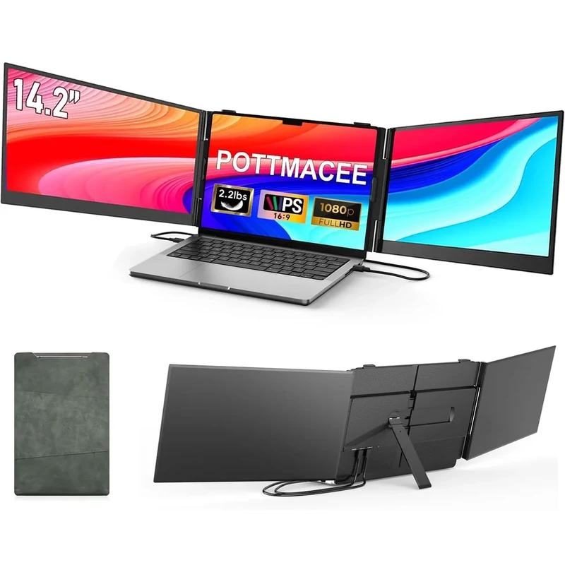 POTTMACEE 14.2’’ Triple Laptop Screen Extender, 0.17" Ultra-Slim FHD 1080P Portable Monitor for Laptop, Tri-Screen Travel Monitor Extender, Plug-Play for Windows/Mac/Chrome, Fit 13”-17.3” Laptops