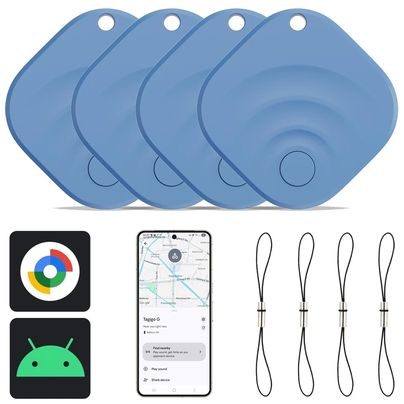 Reyke 2025 Upgraded Android Air Tracker 4 Pack, Bluetooth Tracker for Android Phones, Compatible with Google Find Hub Device, Item Locator for Keys, Luggage, Backpack, Travel, Blue