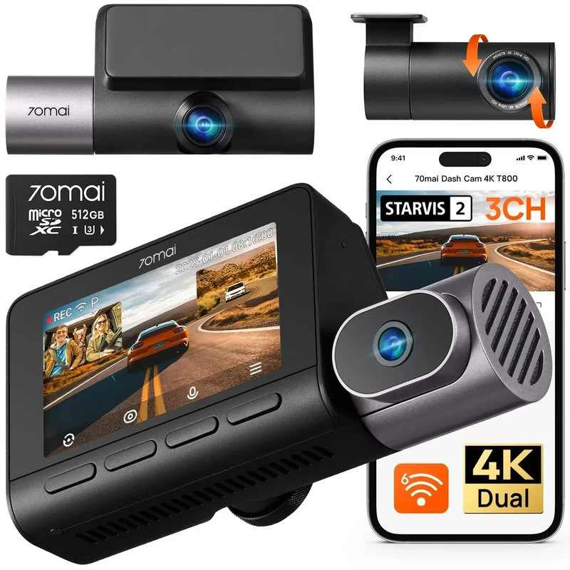 70mai T800 4K Dash Cam - Front/Rear 4K + 1080p, WiFi6, ADAS