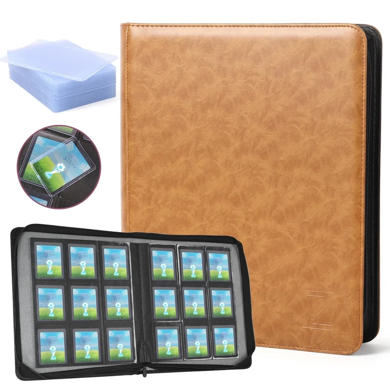 ZAIONE Toploader Binder for Trading Cards: 9 Pockets Top Loader Binder Holds 324 Toploaders - Waterproof PU Leather Ringless Double-Sided Pockets Album for 2025 Sport Cards Storage（Khaki Retro）