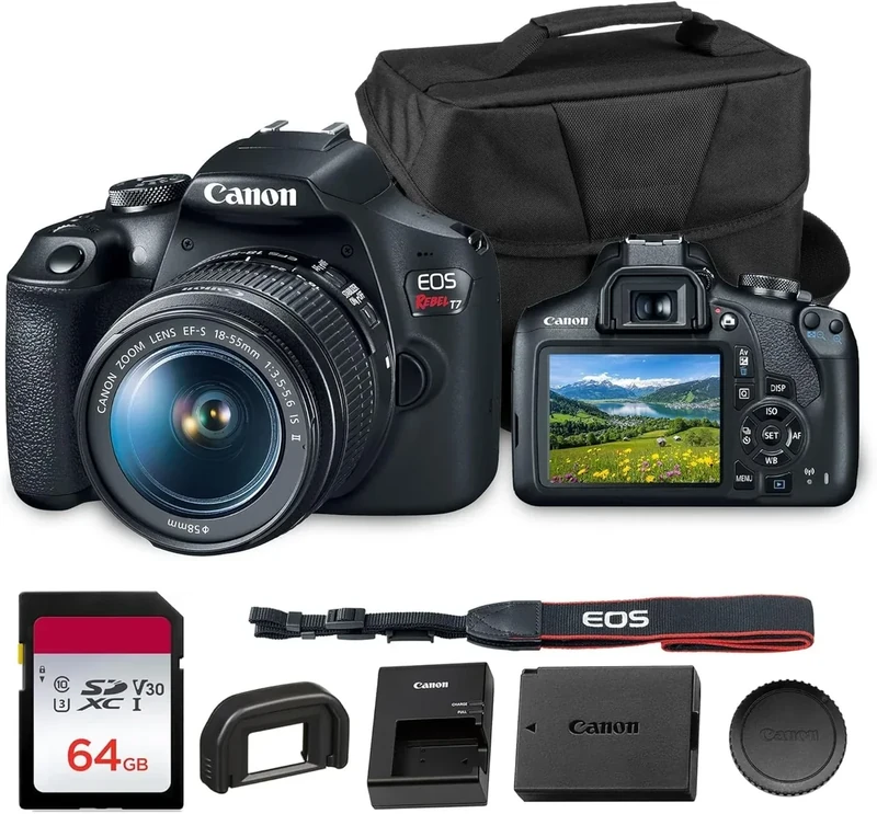 Canon EOS Rebel T7 DSLR Camera | 24.1MP APS-C CMOS Sensor with DIGIC 4+ Image Processor | Built-in Wi-Fi & NFC | EF Lens Compatible Beginner Photography Camera Kit with Shoulder Bag and 64GB Card