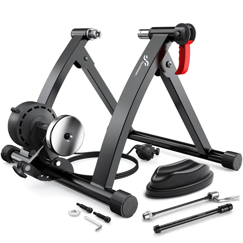 Sportneer Bike Trainer: Adjustable 6 Level Resistance Magnetic Stationary Bike Stand for 26-28" & 700C Wheels, Thru Axle Adapter, Quick Release Lever & Front Wheel Riser Block Included