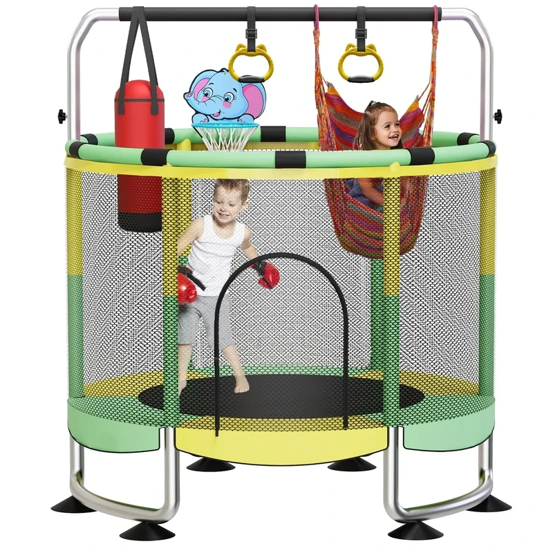 Trampoline for Kids, 60" Toddler Trampoline Indoor Outdoor, 440lbs KidsTrampoline with Enclosure Net, Upgraded Ring Legs with Adjustable Gymnastics Bar, Gifts for Ages 1-8 Boys&Girls