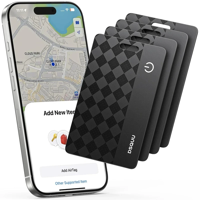 Wallet Tracker Card Air-Tag (iOS Only) Ultra-Thin 0.07in IP68 Waterproof Bluetooth Tracker for Wallets, Passport, Work with Apple Find My, Wireless Charging, Anti-Loss Card Locator iOS Only (4 Pack)
